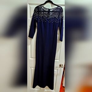 Karl Lagerfeld Navy Long Dress with Mesh Top and Pearls Size 2